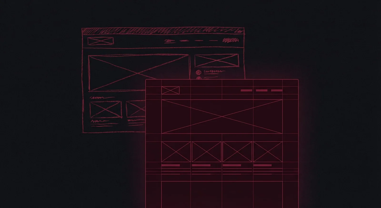 Two overlapping website wireframes, one rough and inconsistent, one clean and structured, on a dark background with red accents